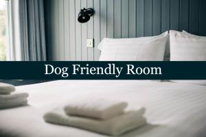 PenbrynBryn Berwyn Country House Tresaith的宠物狗友好的客房,床上配有毛巾
