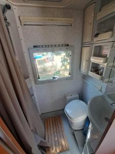 布吕热莱特Camping car à 3 minutes du parc Pairi Daiza的一间带卫生间和水槽的小浴室