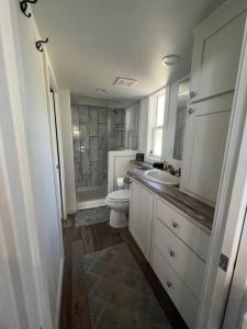 温伯利Fox Hollow - Tiny home with Cypress Creek access, park like setting的白色的浴室设有卫生间和水槽。