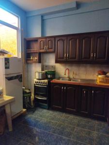 乌尤尼Uyuni HOSTAL YOKOSO的厨房配有木制橱柜和炉灶烤箱。