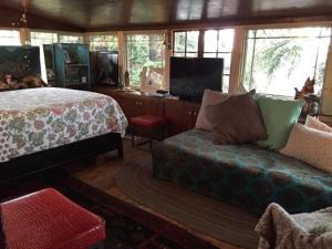 科罗拉多斯普林斯Mystic Portal 420 Guesthouse的一间卧室配有一张床、一张沙发和一台电视。