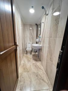 乌宗Kar Hotel Uzungöl的一间带卫生间和水槽的小浴室