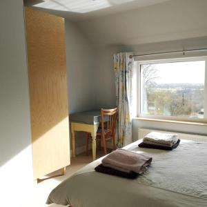韦尔斯Hide on the Hill Cottage的一间卧室配有一张床、一个窗口和一张书桌