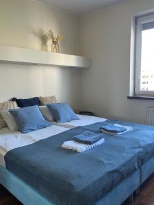 格丁尼亚Prime Home SŁONECZNY的一张大床,上面有蓝色的毯子和枕头