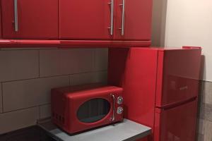 卡诺尼Bed and Garden的厨房里的架子上有一个红色的微波炉