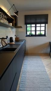 塞德莱茨Villa Luna的厨房配有黑色橱柜、水槽和窗户。