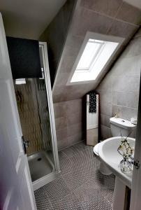 奥克尼Cozy Loft In The Heart Of Kirkwall的带淋浴、卫生间和盥洗盆的浴室