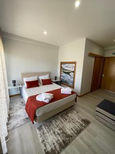 托里迪蒙科尔武Douro Visit House的一间卧室配有一张带红色枕头的大床