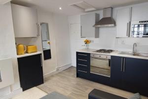 绍瑟姆Cosy 1 Bedroom Flat in Southam的厨房配有白色和蓝色的橱柜和水槽