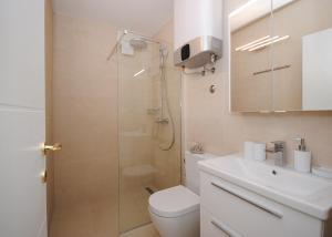 维斯Rooms Dilk的带淋浴、卫生间和盥洗盆的浴室