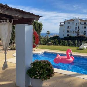 拉利内阿-德拉康塞普西翁Casa Azul, La Alcaidesa的一座房子旁边的游泳池里的一个粉红色天鹅