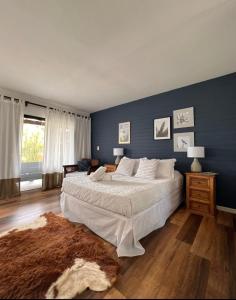 Punta ColoradaLa Bonita Suites Punta Colorada的一间卧室设有一张大床和蓝色的墙壁