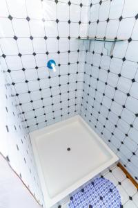 普诺Titicaca tikary's lodge的浴室内铺有白色瓷砖的淋浴和白色的卫生间
