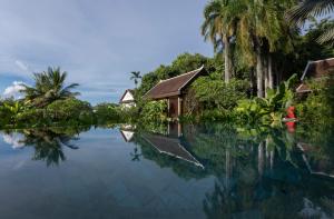 琅勃拉邦La Résidence Phou Vao, A Belmond Hotel, Luang Prabang的一座水池,上面有房子和棕榈树