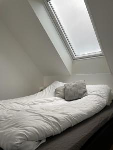 NordbyOasen Samsø的白色客房的一张床位,设有窗户
