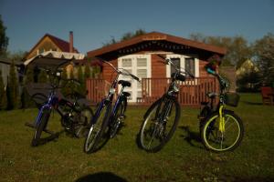 科尔卡Atpūtas mājiņas Kolkā- Madaras un Rota的三辆自行车停在房子前面的草地上