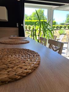 迪南Gîte rural "l'Anseromia"的一张木桌,上面有两个盘子