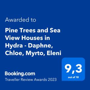 伊兹拉Pine Trees and Sea View Houses in Hydra - Daphne, Chloe, Myrto, Eleni的电话的屏幕,带有与松树和海景别墅结婚的文字