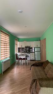 盖贝莱Secret Garden Guest House的一间带绿色墙壁和桌子的卧室以及一间厨房