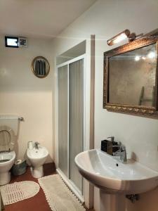 波吉奥的圣多纳托La tua casa nel Chianti的一间带水槽、卫生间和镜子的浴室