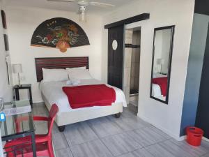 约翰内斯堡Melville House的一间卧室配有一张带红色毯子和镜子的床