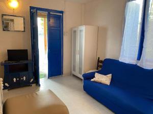 佩拉La terrazza sul lago的客厅配有蓝色的沙发和电视