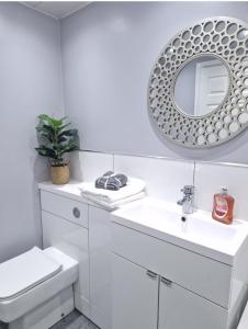 汉密尔顿Flat in Hamilton, South Lanarkshire的白色的浴室设有卫生间和镜子