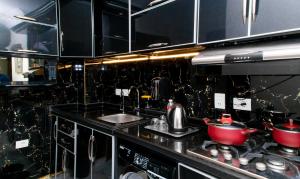 塞得港Porto Said Tourist Resort Luxury Hotel Apartment的厨房配有水槽以及带锅碗瓢盆的炉灶。