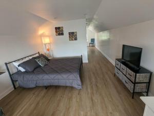 哥伦布Downtown Retreat - 1BR Oasis with Parking的一间卧室配有一张床和一台平面电视