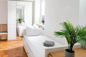 罗斯托克Apartments am Hauptbahnhof的一间白色的房间,配有床和盆栽植物