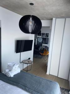 布宜诺斯艾利斯Palermo Jai的一间卧室配有一张床和一台平面电视
