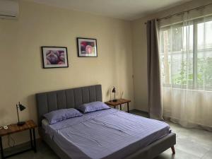 拉戈莱特APPARTMENT( LA PAPAYA)的一间卧室配有一张带紫色床单的床和窗户。