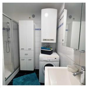 斯皮特安德劳Ingrid’s Guesthouse Spittal的白色的浴室设有洗衣机和水槽。