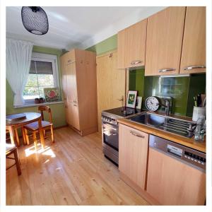 斯皮特安德劳Ingrid’s Guesthouse Spittal的厨房配有木制橱柜、桌子和炉灶。