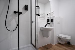 罗兹Dream Aparts - Narutowicza 24 FILHARMONIA的带淋浴、卫生间和盥洗盆的浴室