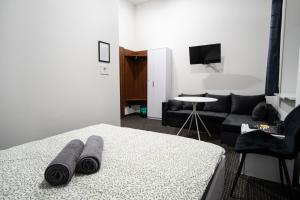 罗兹Dream Aparts - Narutowicza 24 FILHARMONIA的一间卧室配有一张床,客厅配有沙发