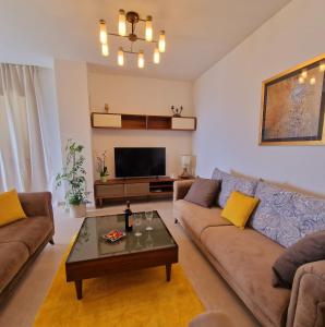 杜布罗夫尼克Luxury Apartment Moobl - Free parking的带沙发和咖啡桌的客厅