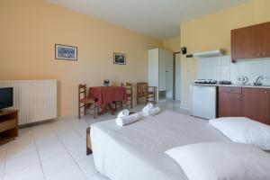 里科索翁阿莫萨公寓式酒店的带两张床的房间和带桌子的厨房