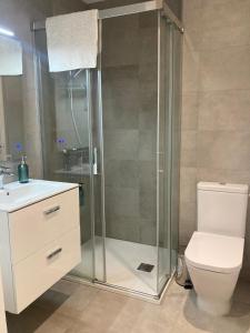 直布罗陀CP luxury studio的带淋浴、卫生间和盥洗盆的浴室