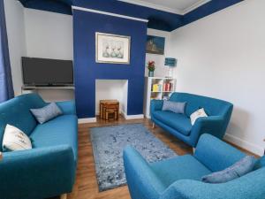 切斯特Oneofour的客厅配有2张蓝色沙发和电视