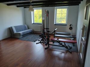 JonkowoAgroturystyka Pod Dębem的客厅设有带沙发和跑步机的健身房