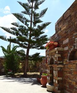纳克索乔拉Tranquil Apartments的松树坐在砖墙旁边