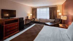 奥本SureStay Plus Hotel by Best Western Auburn的配有一张床和一台平面电视的酒店客房