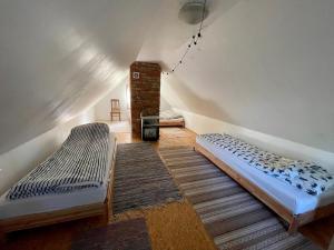 Suure-JaaniAllika-Löövi Sauna Cabin的客房设有两张床和壁炉。