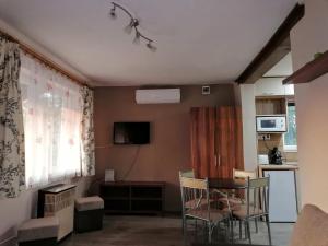 尼赖吉哈佐庞帕公寓的一间带桌椅的客厅和一间厨房