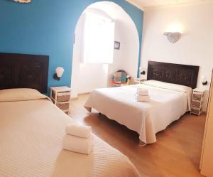 埃尔瓦斯Alcamim Guesthouse的配有两张床铺的蓝色墙壁和窗户