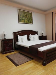 曼加利亚Hotel Rion的一间卧室设有一张大床和两个床头柜