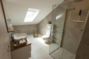 KutjevoRooms & Apartment Perak的一间带玻璃淋浴和卫生间的浴室
