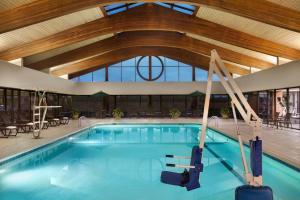 斯特灵华盛顿杜勒斯国际机场假日酒店的一座拥有木制天花板的酒店游泳池