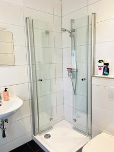 诺德施泰特Bungalow-Wohnung nahe Flughafen Hamburg的带淋浴和盥洗盆的浴室